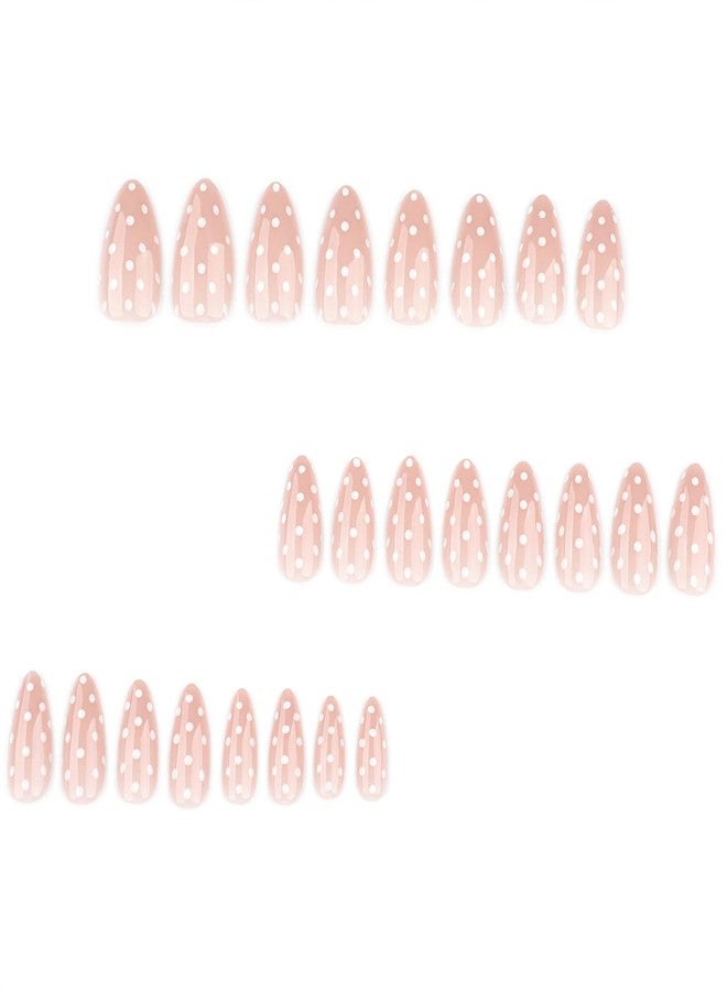 OSTTMA 24Pcs Polka Dot Press on Nails Medium Almond Fake Nail Glossy Nude False Nails Press ons with White Dots Designs Full Cover Glue on Nail for Women Manicure Tips Reusable Artificial Nails Kit - Image 5